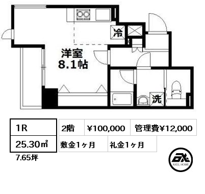 間取り8 1R 25.30㎡ 2階 賃料¥100,000 管理費¥12,000 敷金1ヶ月 礼金1ヶ月 10月上旬入居予定
