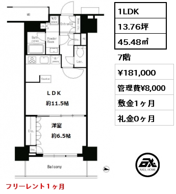 間取り8 1LDK 45.48㎡ 7階 賃料¥181,000 管理費¥8,000 敷金1ヶ月 礼金0ヶ月 フリーレント１ヶ月