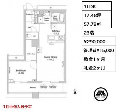 間取り8 1LDK 57.78㎡ 23階 賃料¥290,000 管理費¥15,000 敷金1ヶ月 礼金2ヶ月 1月中旬入居予定