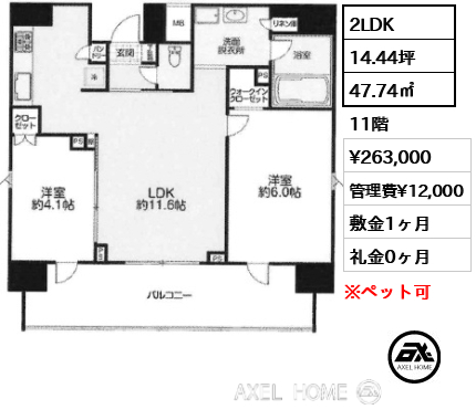 2LDK 47.74㎡  賃料¥263,000 管理費¥12,000 敷金1ヶ月 礼金0ヶ月 　