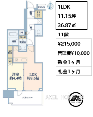 1LDK 36.87㎡  賃料¥215,000 管理費¥10,000 敷金1ヶ月 礼金1ヶ月