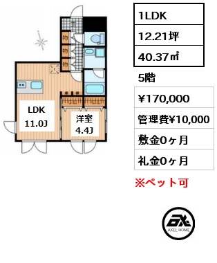 間取り8 1LDK 40.37㎡ 5階 賃料¥170,000 管理費¥10,000 敷金0ヶ月 礼金0ヶ月 3月31日退去予定
