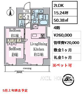 2LDK 50.38㎡  賃料¥260,000 管理費¥20,000 敷金1ヶ月 礼金1ヶ月 5月上旬退去予定