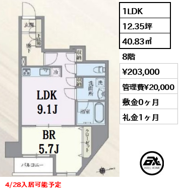 間取り8 1LDK 40.83㎡  賃料¥203,000 管理費¥20,000 敷金0ヶ月 礼金1ヶ月 4/28入居可能予定