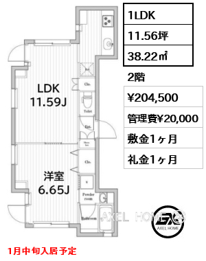 間取り8 1LDK 38.22㎡  賃料¥204,500 管理費¥20,000 敷金1ヶ月 礼金1ヶ月 1月中旬入居予定