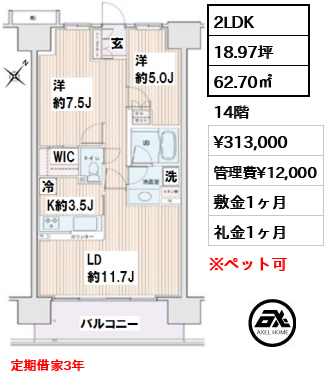 間取り8 2LDK 62.70㎡  賃料¥313,000 管理費¥12,000 敷金1ヶ月 礼金1ヶ月 定期借家3年