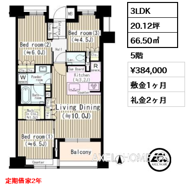 3LDK 66.50㎡  賃料¥384,000 敷金1ヶ月 礼金2ヶ月 定期借家2年