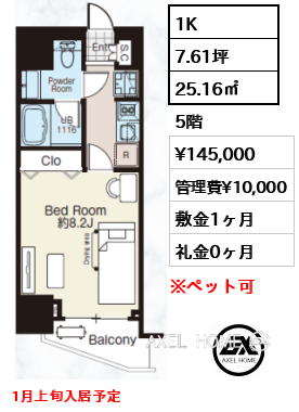 1K 25.16㎡  賃料¥145,000 管理費¥10,000 敷金1ヶ月 礼金0ヶ月 1月上旬入居予定