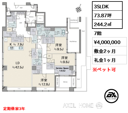 3SLDK 244.2㎡  賃料¥4,000,000 敷金2ヶ月 礼金1ヶ月 定期借家3年