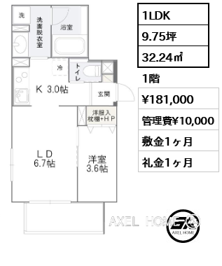 1LDK 32.24㎡  賃料¥190,000 管理費¥10,000 敷金1ヶ月 礼金1ヶ月