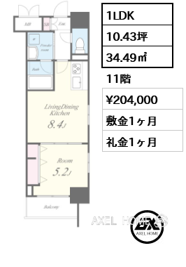 1LDK 34.49㎡  賃料¥204,000 敷金1ヶ月 礼金1ヶ月