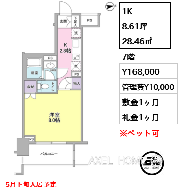 間取り8 1K 28.46㎡  賃料¥168,000 管理費¥10,000 敷金1ヶ月 礼金1ヶ月 5月下旬入居予定