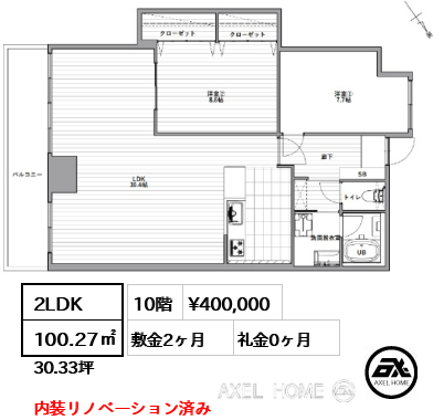 2LDK 100.27㎡  賃料¥400,000 敷金2ヶ月 礼金0ヶ月 内装リノベーション済み