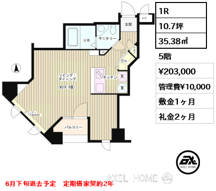 間取り8 1R 35.38㎡  賃料¥203,000 管理費¥10,000 敷金1ヶ月 礼金2ヶ月 6月下旬退去予定　定期借家契約2年