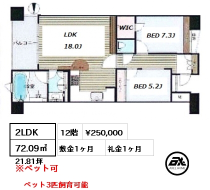 間取り8 2LDK 72.09㎡ 12階 賃料¥250,000 敷金1ヶ月 礼金1ヶ月 ペット3匹飼育可能
