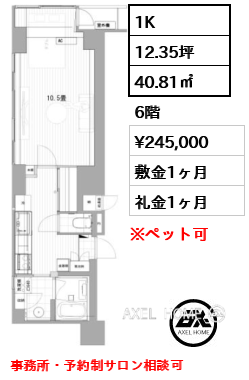 1K 40.81㎡  賃料¥245,000 敷金1ヶ月 礼金1ヶ月 事務所・予約制サロン相談可