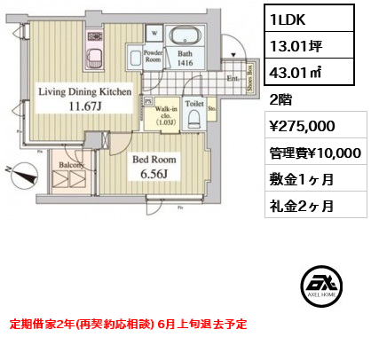 間取り8 1LDK 43.01㎡  賃料¥275,000 管理費¥10,000 敷金1ヶ月 礼金2ヶ月 定期借家2年(再契約応相談) 6月上旬退去予定