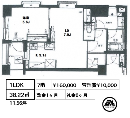 1LDK 38.22㎡ 7階 賃料¥160,000 管理費¥10,000 敷金1ヶ月 礼金0ヶ月