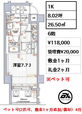 間取り8 1K 26.50㎡  賃料¥118,000 管理費¥20,000 敷金1ヶ月 礼金2ヶ月 ペット可(2匹可、敷金1ヶ月追加/償却）4月上旬入居予定