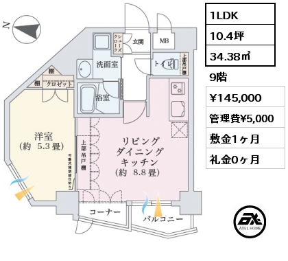 間取り8 1LDK 34.38㎡ 9階 賃料¥145,000 管理費¥5,000 敷金1ヶ月 礼金0ヶ月 　　　　　