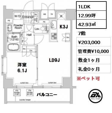 間取り8 1LDK 42.93㎡ 7階 賃料¥215,000 管理費¥10,000 敷金1ヶ月 礼金0ヶ月 5月中旬入居予定