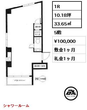 1R 33.65㎡ 5階 賃料¥100,000 敷金1ヶ月 礼金1ヶ月 シャワールーム