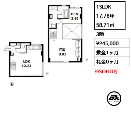 間取り8 1SLDK 58.71㎡  賃料¥245,000 敷金1ヶ月 礼金0ヶ月 　