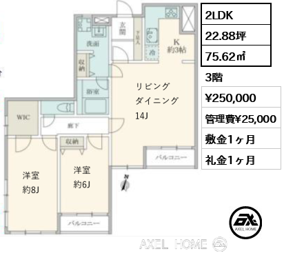 2LDK 75.62㎡  賃料¥250,000 管理費¥25,000 敷金1ヶ月 礼金1ヶ月