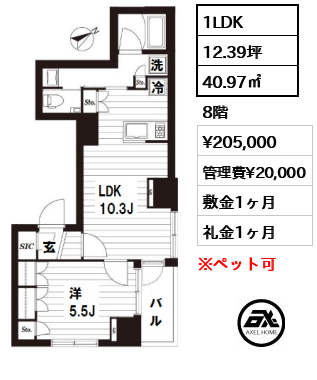 間取り8 1LDK 40.97㎡  賃料¥205,000 管理費¥20,000 敷金1ヶ月 礼金1ヶ月