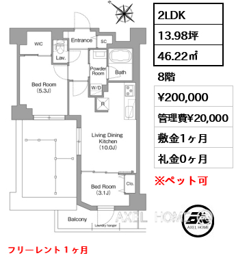 2LDK 46.22㎡  賃料¥200,000 管理費¥20,000 敷金1ヶ月 礼金0ヶ月 フリーレント１ヶ月
