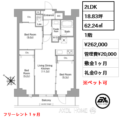 2LDK 62.24㎡  賃料¥262,000 管理費¥20,000 敷金1ヶ月 礼金0ヶ月 フリーレント１ヶ月