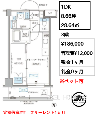 1DK 28.64㎡  賃料¥186,000 管理費¥12,000 敷金1ヶ月 礼金0ヶ月 定期借家2年　フリーレント1ヵ月