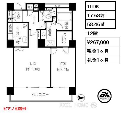 1LDK 58.46㎡  賃料¥267,000 敷金1ヶ月 礼金1ヶ月 ピアノ相談可