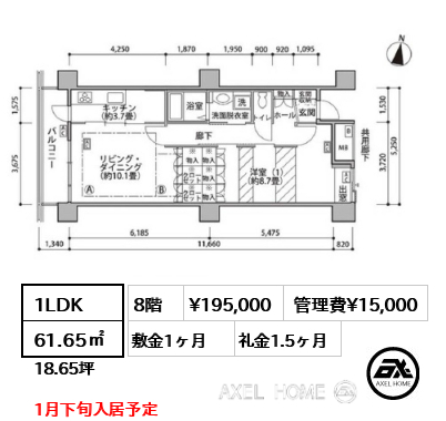 1LDK 61.65㎡  賃料¥195,000 管理費¥15,000 敷金1ヶ月 礼金1.5ヶ月 1月下旬入居予定