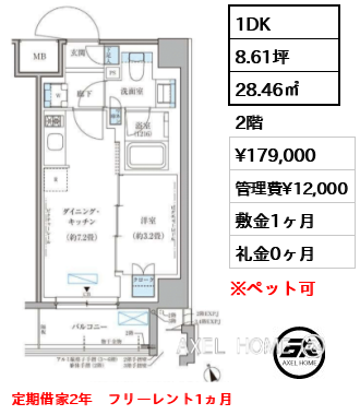 1DK 28.46㎡  賃料¥179,000 管理費¥12,000 敷金1ヶ月 礼金0ヶ月 定期借家2年　フリーレント1ヵ月