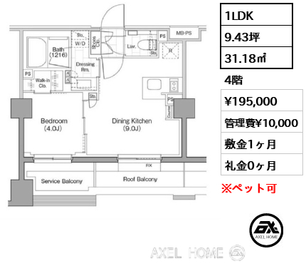 1LDK 31.18㎡  賃料¥195,000 管理費¥10,000 敷金1ヶ月 礼金0ヶ月