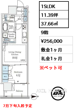 1SLDK 37.66㎡  賃料¥256,000 敷金1ヶ月 礼金1ヶ月 7月下旬入居予定
