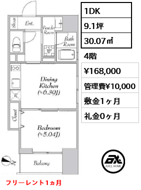 間取り9 1DK 30.07㎡  賃料¥168,000 管理費¥10,000 敷金1ヶ月 礼金0ヶ月 フリーレント1ヵ月
