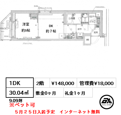 間取り9 1DK 25.80㎡ 2階 賃料¥127,500 管理費¥16,000 敷金0ヶ月 礼金0ヶ月