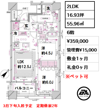 間取り9 2LDK 55.96㎡  賃料¥359,000 管理費¥15,000 敷金1ヶ月 礼金0ヶ月 3月下旬入居予定　定期借家2年