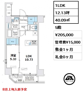 間取り9 1LDK 40.09㎡ 7階 賃料¥201,000 管理費¥15,000 敷金1ヶ月 礼金0ヶ月  　　　　  　　 　　
