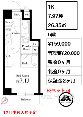 1K 26.35㎡  賃料¥159,000 管理費¥20,000 敷金0ヶ月 礼金0ヶ月 12月中旬入居予定