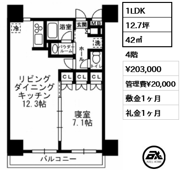 間取り9 1LDK 42㎡ 賃料¥203,000 管理費¥20,000 敷金1ヶ月 礼金1ヶ月