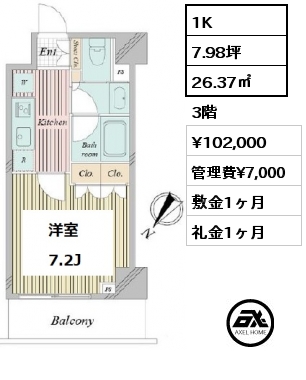 間取り9 1K 26.37㎡ 4階 賃料¥100,000 管理費¥7,000 敷金1ヶ月 礼金1ヶ月