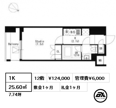 間取り9 1K 25.60㎡ 12階 賃料¥124,000 管理費¥6,000 敷金1ヶ月 礼金1ヶ月