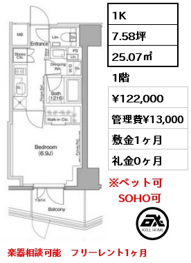 1K 25.07㎡ 1階 賃料¥124,000 管理費¥13,000 敷金1ヶ月 礼金0ヶ月 楽器相談可能