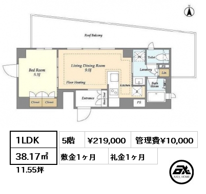 間取り9 1LDK 38.17㎡ 5階 賃料¥252,000 管理費¥10,000 敷金1ヶ月 礼金1ヶ月 2月上旬入居予定