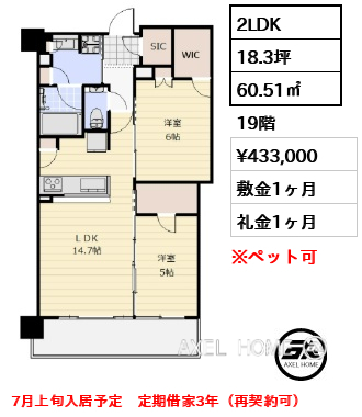 2LDK 60.51㎡  賃料¥433,000 敷金1ヶ月 礼金1ヶ月 7月上旬入居予定　定期借家3年（再契約可）