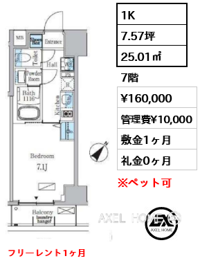 1K 25.01㎡  賃料¥160,000 管理費¥10,000 敷金1ヶ月 礼金0ヶ月 フリーレント1ヶ月