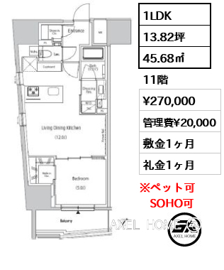 1LDK 45.68㎡  賃料¥270,000 管理費¥20,000 敷金1ヶ月 礼金1ヶ月 　　